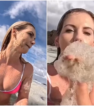 Influencer mergulha em dejetos de esgoto ao visitar praia proibida