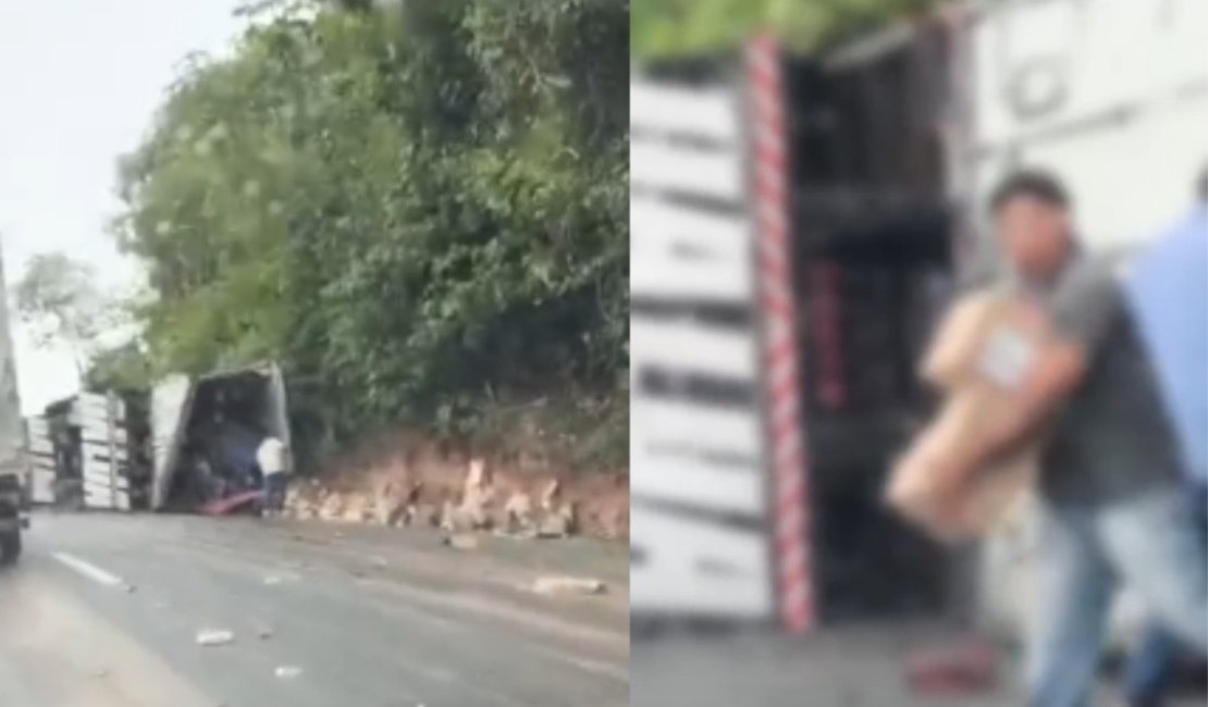 Carga de queijo é saqueada após caminhão tombar na BR-101, perto do município de Flexeiras