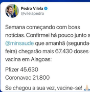 Deputado Pedro Vilela, anuncia nas redes sociais, chegada de mais vacinais em Alagoas