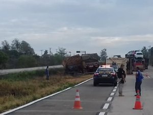 Caminhão carregado com cana tomba às margens da BR-101 em Igreja Nova