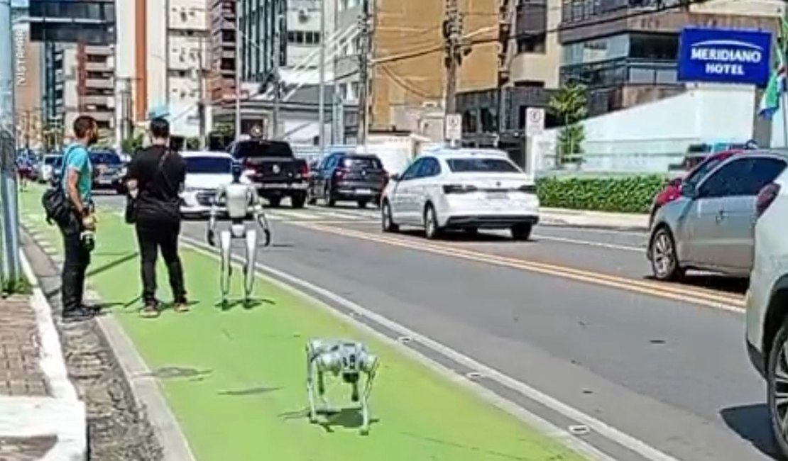Caminhada inusitada: robô humanoide e cão robótico viram atração na Ponta Verde