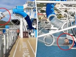 Mulher fica presa em toboágua de cruzeiro e vídeo viraliza na internet