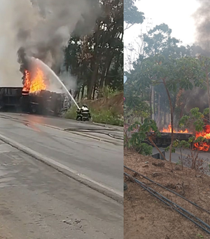 [Vídeo] Caminhão tomba, pega fogo e motorista sofre apenas arranhões em São José da Laje