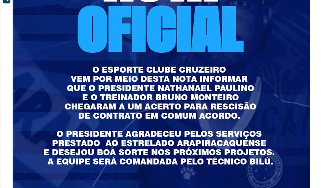 Bruno Monteiro não é mais técnico do Cruzeiro de Arapiraca