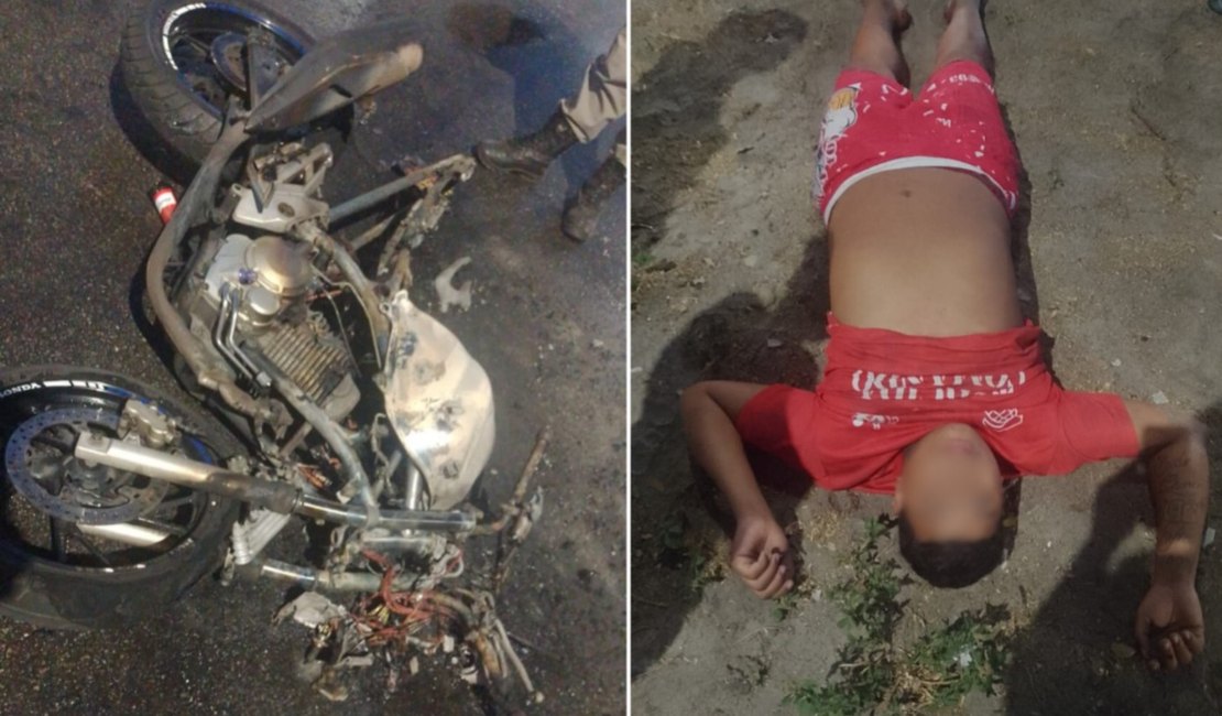 Adolescente colide moto em contêiner e veículo pega fogo no Vergel do Lago, em Maceió
