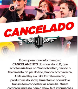 Morre Franco Scornavacca, pai do trio KLB; grupo cancela show em Curitiba
