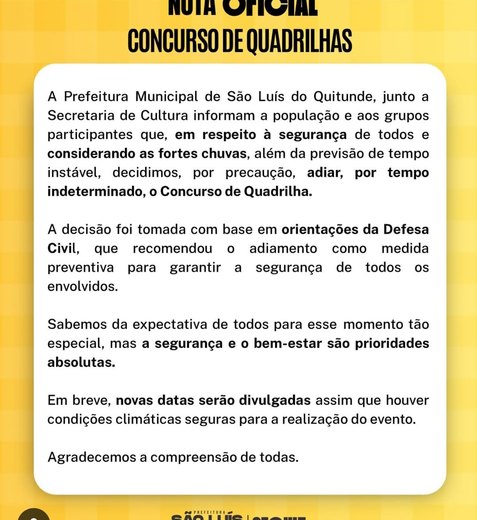 Concurso de Quadrilhas Juninas de São Luís do Quitunde é adiado