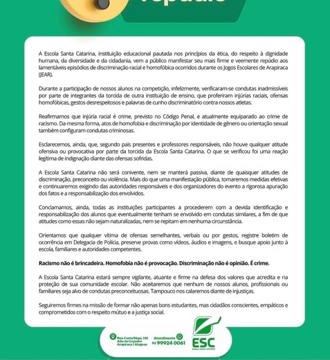 Escola repudia ataques racistas e homofóbicos em jogos escolares em Arapiraca