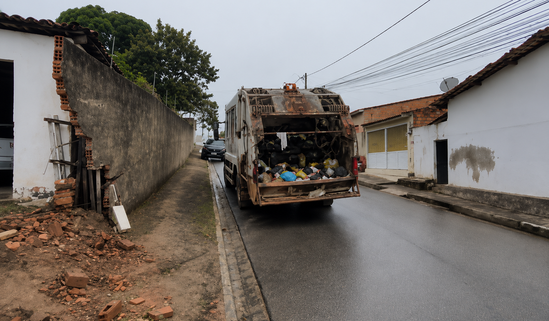 Caminhão de coleta de lixo perde freio e derruba muro de residência em Arapiraca