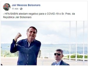 Bolsonaro diz em rede social que seu exame de coronavírus deu negativo