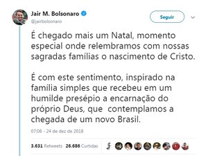 Bolsonaro diz que vai 'restaurar o sentimento familiar' em mensagem de Natal