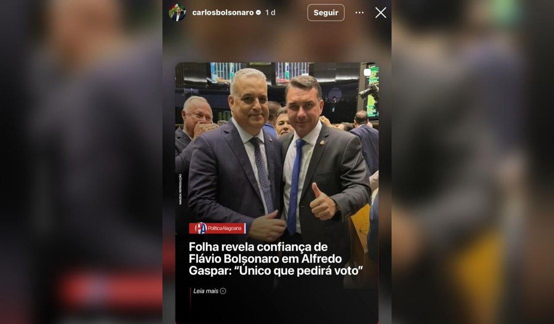 Após visita de JHC a Valdemar Costa Neto, Carlos Bolsonaro posta imagem em apoio a Alfredo Gaspar