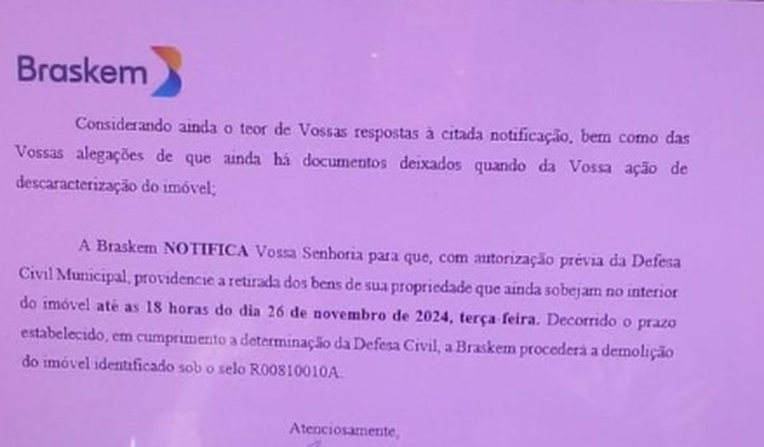 Braskem dá prazo para demolir imóvel de moradora do Pinheiro através de notificação enviada por e-mail