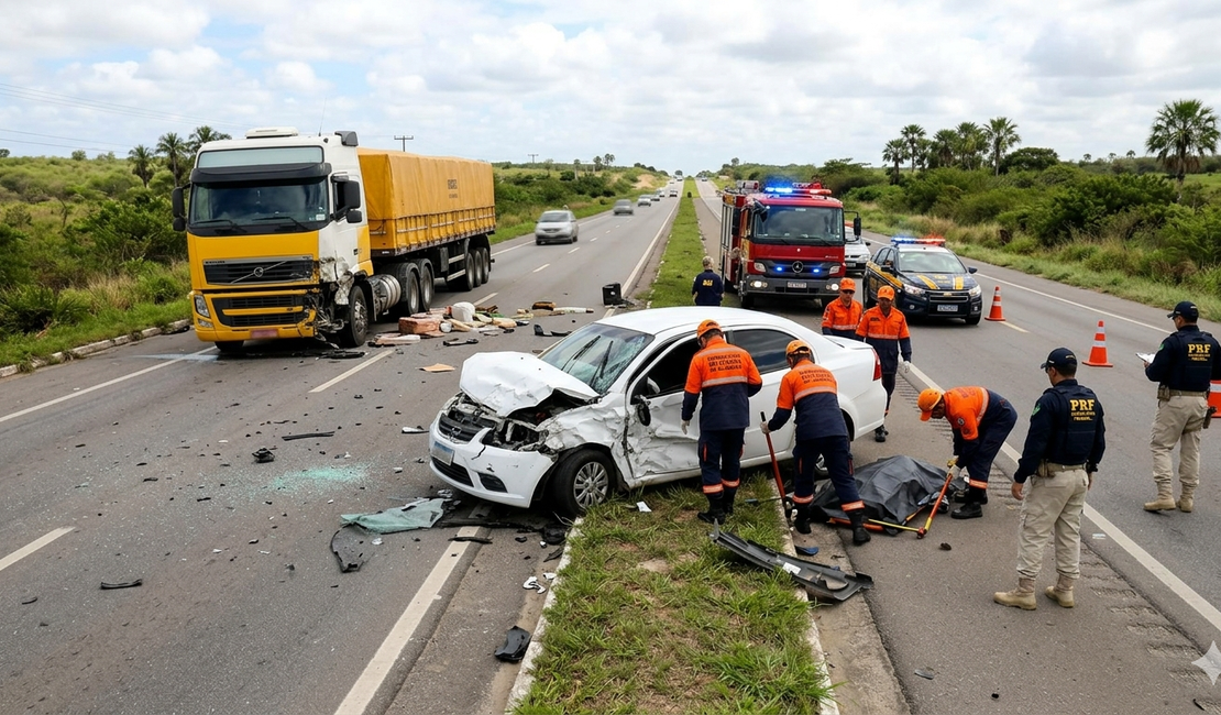 Colisão entre carro e caminhão deixa um morto na BR-101 em São Miguel dos Campos