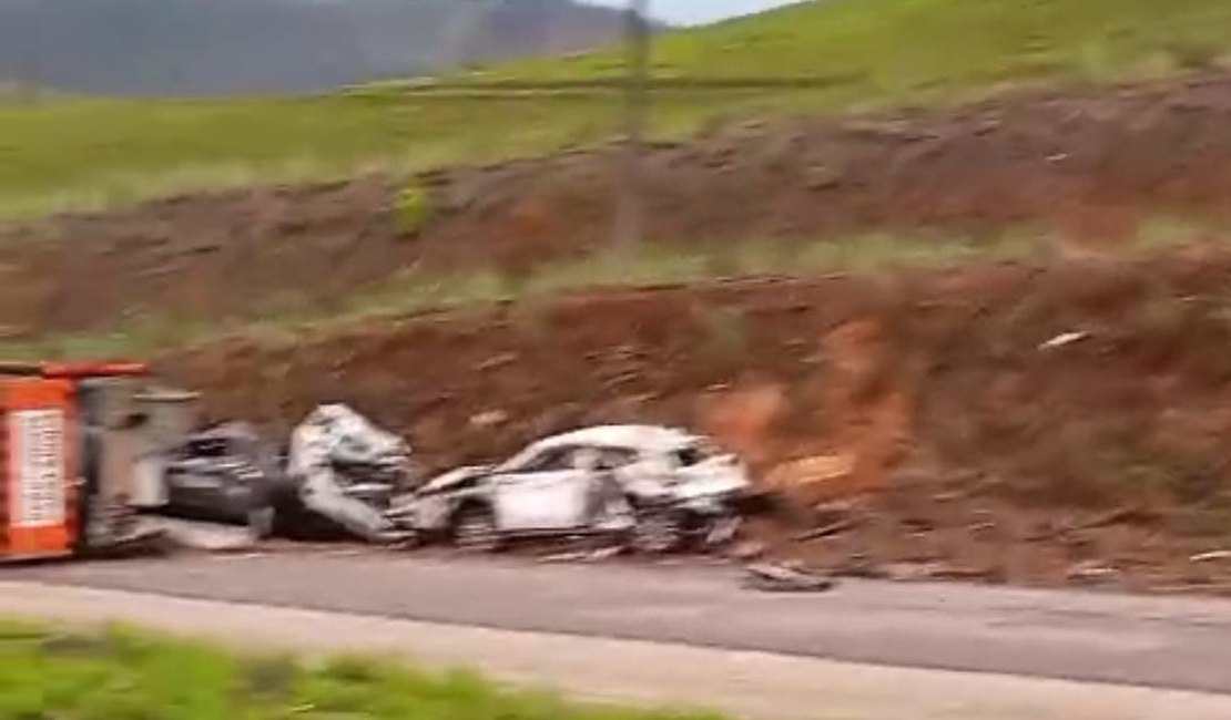 [Vídeo] Caminhão-cegonha tomba na BR 101 em Novo Lino