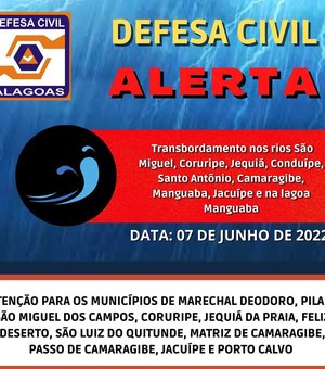 Defesa Civil de Alagoas emite alerta de risco de transbordamento em rios de 11 municípios