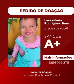 Bebê precisa de doação de sangue para cirurgia cardíaca em Maceió