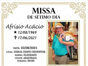 Missa de 7º dia do Mestre Afrísio Acácio será celebrada nesta quarta-feira em Arapiraca