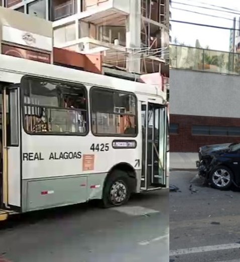 Carro fica com a frente destruída após bater contra ônibus na Ponta Verde, em Maceió