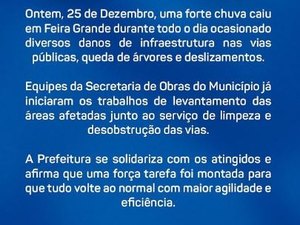Prefeitura de Feira Grande realiza levantamento de áreas afetadas após fortes chuvas
