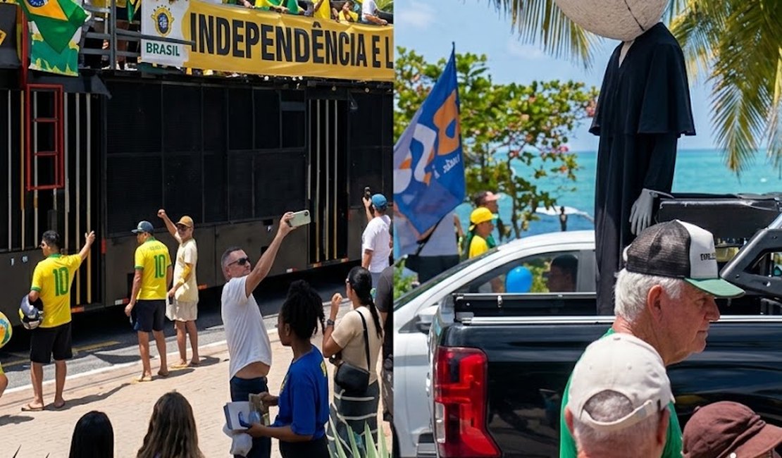 Manifestantes levam boneco com cabeça de ovo para protesto na orla de Maceió