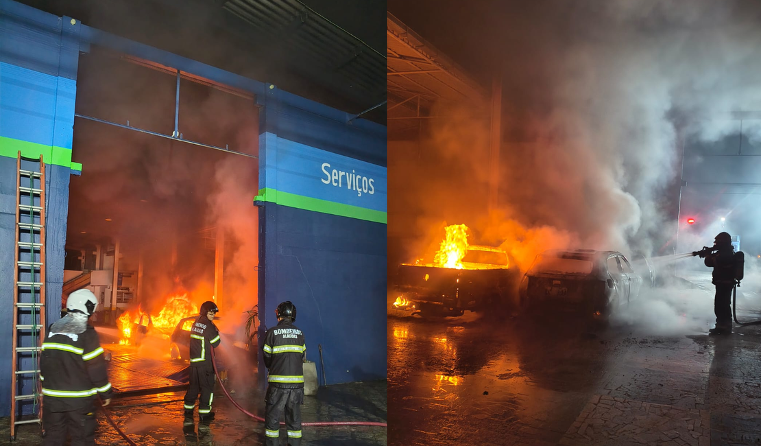 Incêndio de grandes proporções atinge oficina e destrói cinco carros em Arapiraca