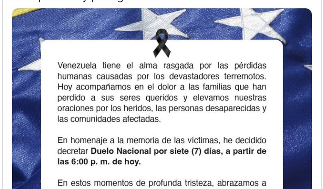 Venezuela decreta luto nacional de 7 dias após terremotos