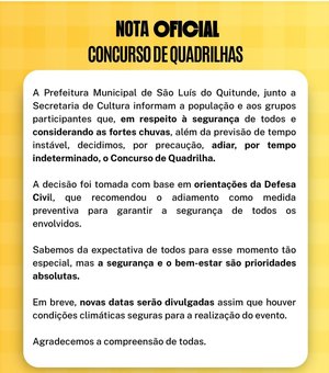Concurso de Quadrilhas Juninas de São Luís do Quitunde é adiado
