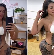 Andressa Urach posa de biquíni de fita após colocar 2 litros de silicone