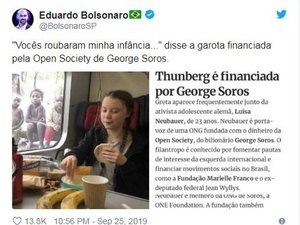 Eduardo Bolsonaro ataca ativista adolescente Greta Thunberg com imagem falsa