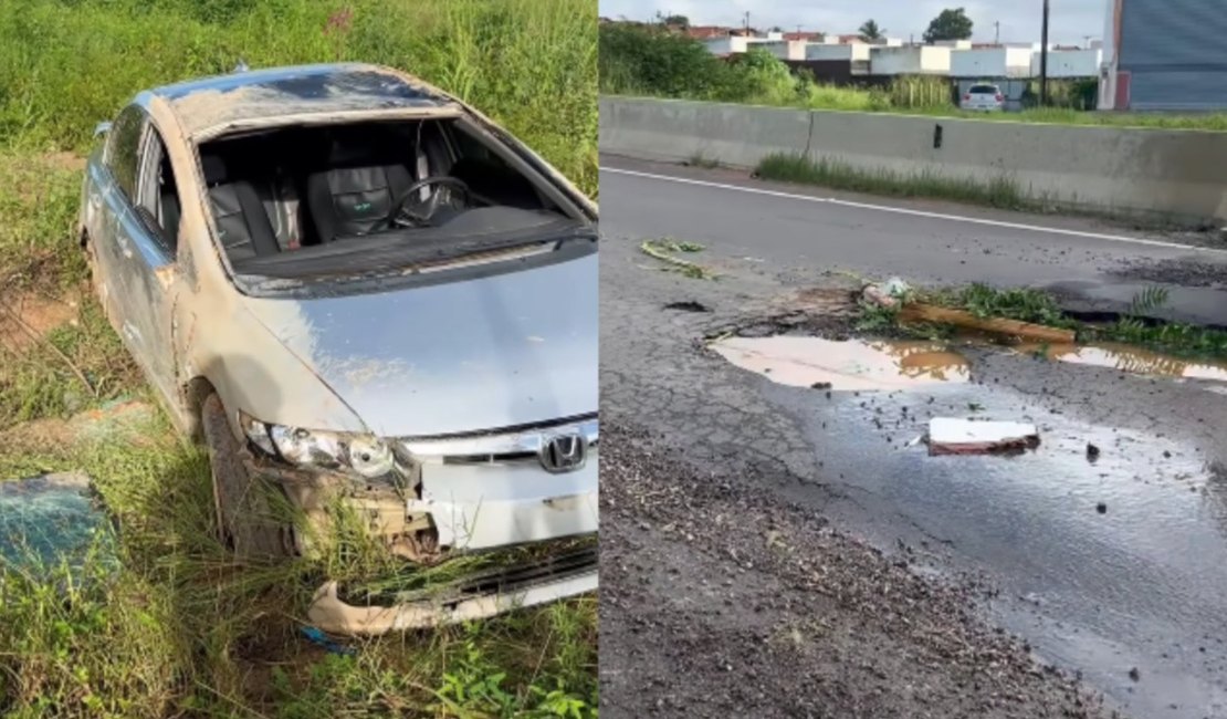 Carro com cinco pessoas capota após cair em buraco na AL-220, em Arapiraca