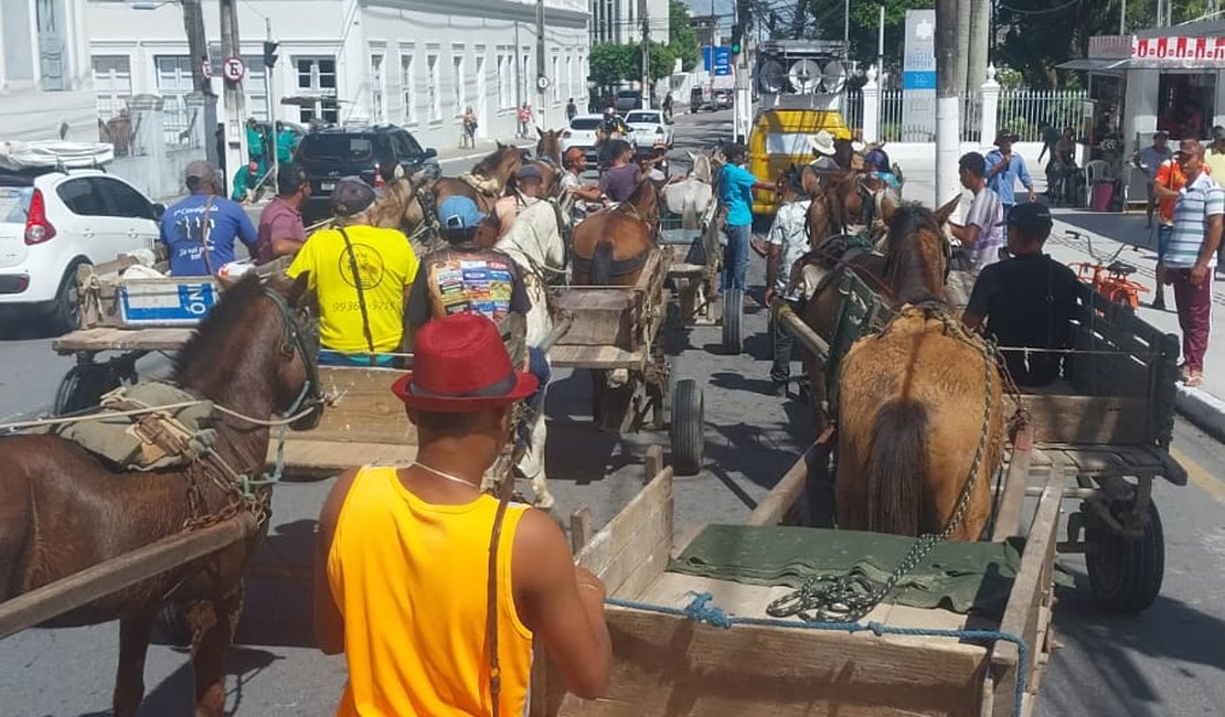 Carroceiros bloqueiam vias no Centro de Maceió contra apreensão de animais