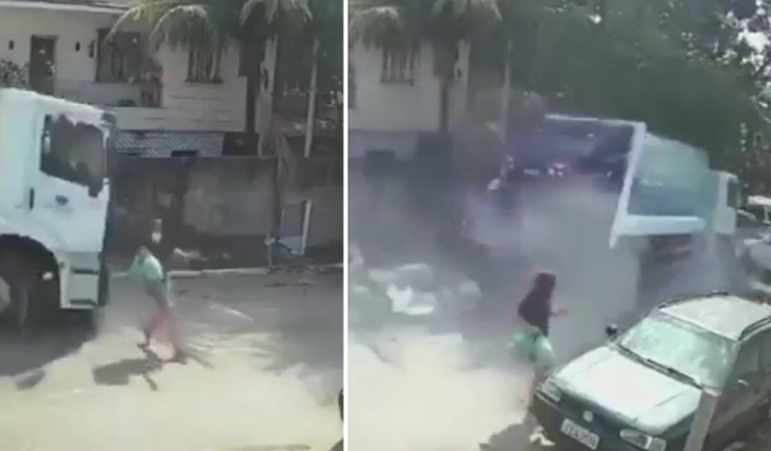 [Vídeo ] Caminhão de lixo desgovernado quase atropela mulher; oito carros foram atingidos