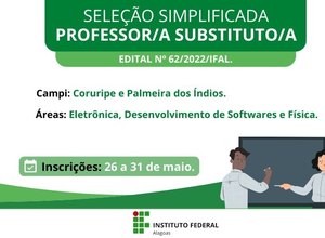 Ifal realiza seleção de professor substituto para os campi Palmeira dos Índios e Coruripe