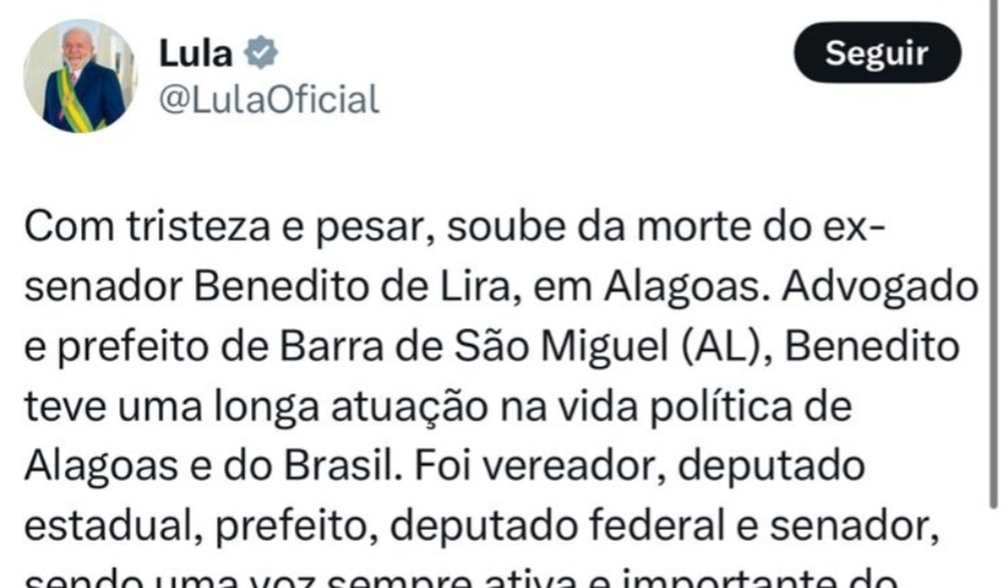 ‘Voz importante do povo alagoano’, diz Lula sobre morte de Biu de Lira