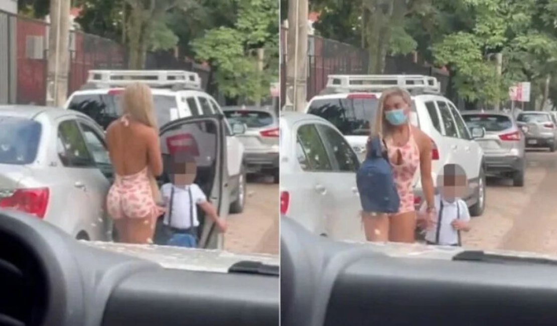Mulher é criticada por levar filho à escola com roupa de academia