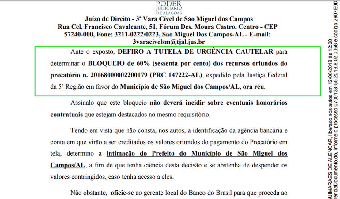 Justiça determina bloqueio dos 60% dos Precatórios em São Miguel dos Campos