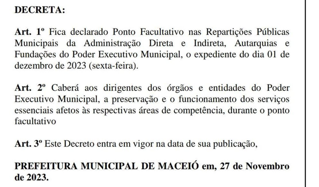 Prefeitura de Maceió decreta ponto facultativo na próxima sexta-feira (1º)