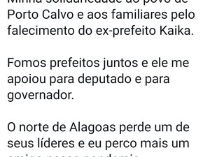 Morte de Kaika: Renan Filho diz que Norte de Alagoas perde um dos líderes