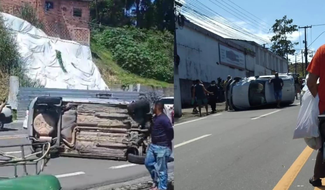 [Vídeo] Colisão deixa feridos e carro virado na Avenida Afrânio Lages, em Maceió