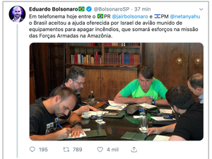 Eduardo Bolsonaro diz que Brasil aceitou ajuda de Israel contra incêndios