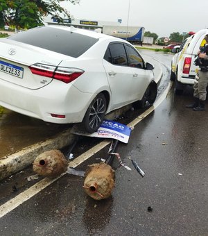 Motorista invade canteiro, danifica placa de sinalização e foge, em Arapiraca