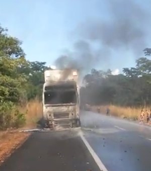 [Vídeo] Caminhão pega fogo, motorista ora e chuva cai na mesma hora