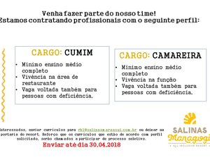 Hotel Salinas abre cadastro para camareira e cumim