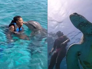 Ludmilla nada com golfinhos e tartarugas em Curaçao