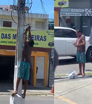 Homem é flagrado furtando fios de poste em plena luz do dia no bairro de Jatiúca