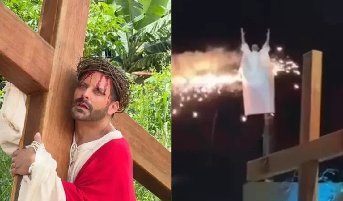 Figurino de Henri Castelli pega fogo durante encenação de 'A Paixão de Cristo'