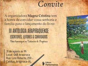 Lançamento do livro “III Antologia Arapiraquense” acontece no sábado (31)