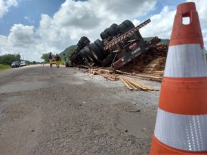 Carreta com carga de madeira tomba às margens da AL-220, no Sertão