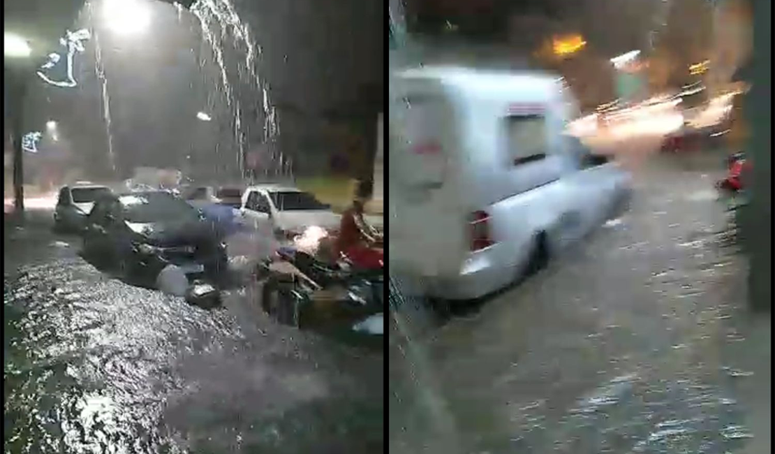 [Vídeo] Chuva forte atinge Santana do Ipanema; ruas do município ficam alagadas